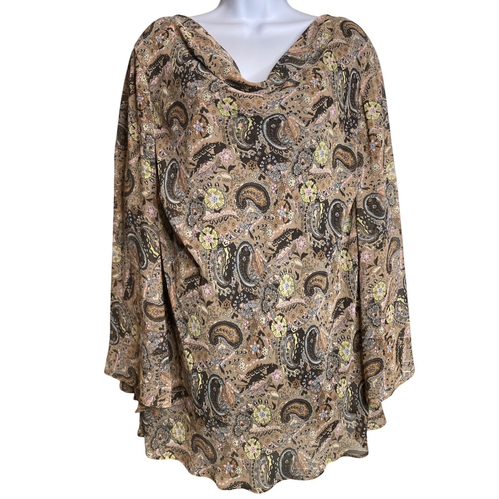 Vintage Lady Dorby Womens Brown Paisley Cowl Neck Blouse‎ Sz 22WP Flowy Retro